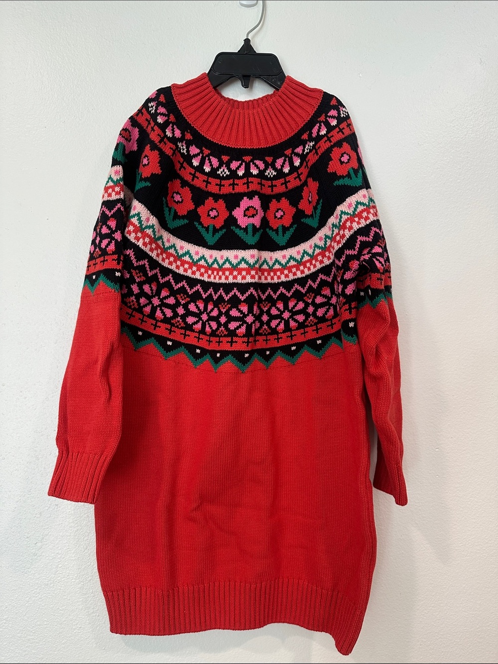 Hanna Andersson Coral Orange Floral Fair Isle Knit SweaterDress Size 6-7 NWOT
